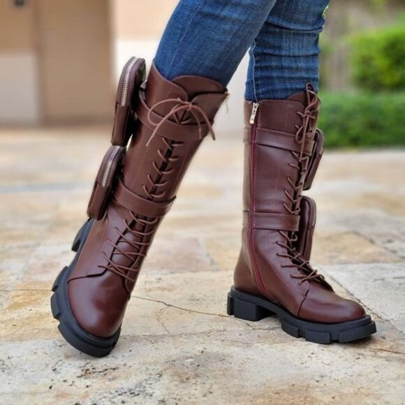 Women's Wine Lace up High Combat Boots Lug Sole - Picture 1 of 5
